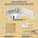 50 Pack Disposable Aluminum Foil Loaf Pans with Lids Stickers and Parchment Paper Sheets-8" X 8" X 1.6" Disposable Square Baking Cake Pans-Aluminum Foil Tins Portable Food Containers Kit