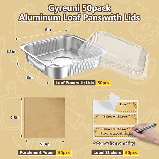 50 Pack Disposable Aluminum Foil Loaf Pans with Lids Stickers and Parchment Paper Sheets-8" X 8" X 1.6" Disposable Square Baking Cake Pans-Aluminum Foil Tins Portable Food Containers Kit