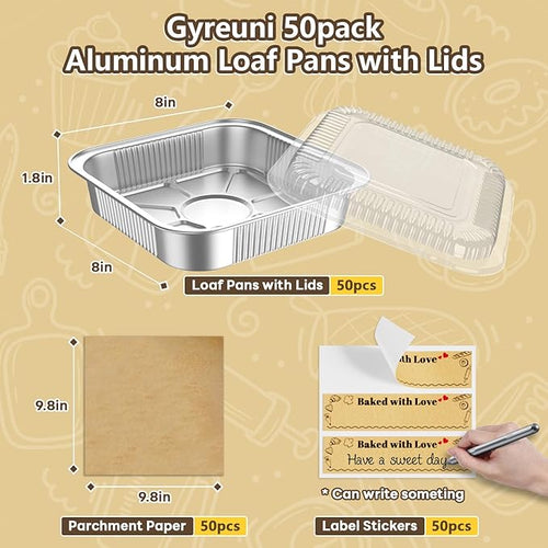 50 Pack Disposable Aluminum Foil Loaf Pans with Lids Stickers and Parchment Paper Sheets-8" X 8" X 1.6" Disposable Square Baking Cake Pans-Aluminum Foil Tins Portable Food Containers Kit