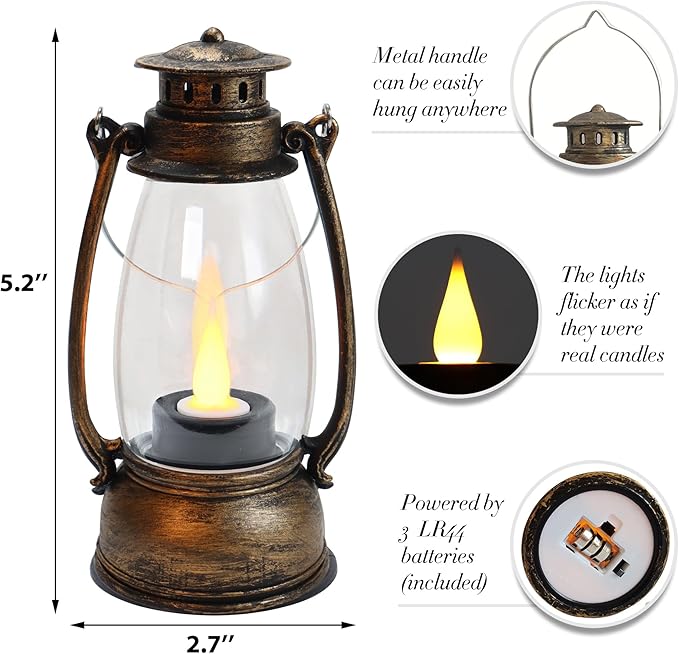 LLQ 12 Pack Vintage Decorative Lanterns, Mini Candle Lantern Decorative LED Candle Holders with Flameless Candles for Wedding Table Centerpieces, Christmas Party Outdoor Decorations, Brown