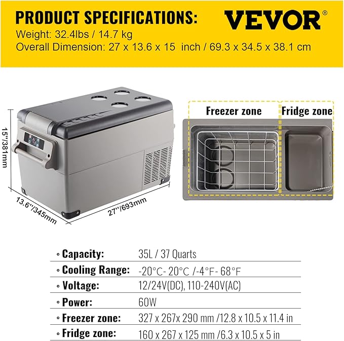 VEVOR Portable Refrigerator 37 Quart(35 Liter),Travel,Car Refrigerator Dual Zone with 12/24v DC & 110-240v AC for Camping, Fishing,12 Volt Refrigerator App Control(-4℉~68℉), Outdoor or Home Use