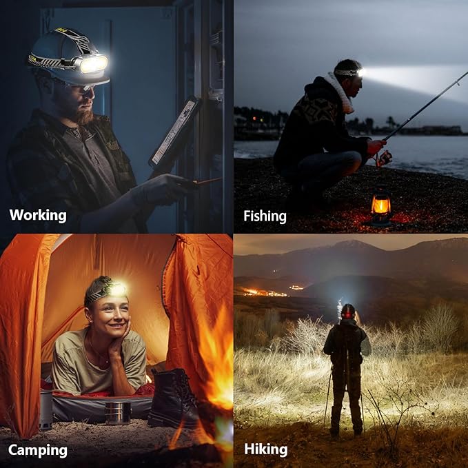 Super Bright Headlamp Rechargeable - 6 LED & 2 COB, 90° Rotating, Digital Power Display, 15 Modes with Red Light, Waterproof for Camping, Hiking, Walking, Running, Mechanic, Emergency