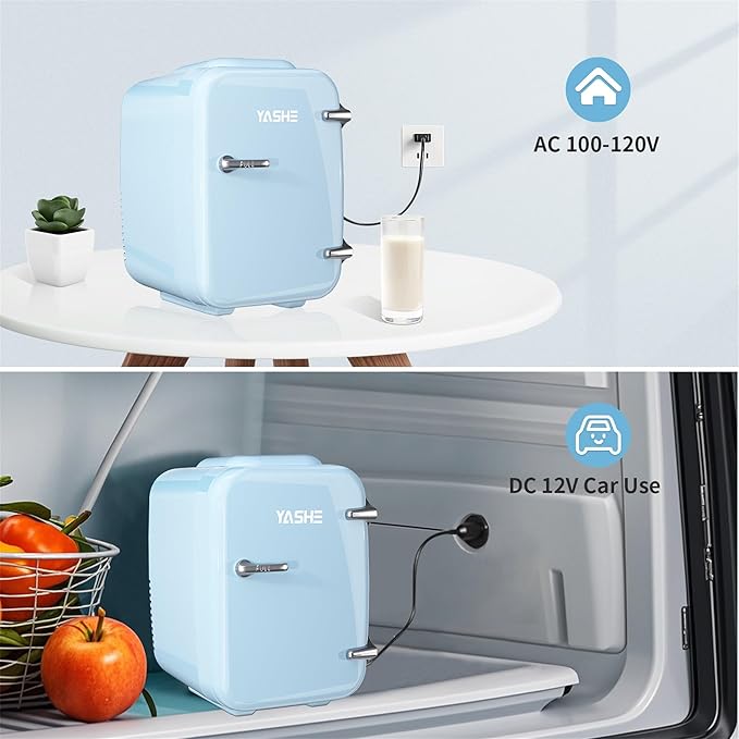 Mini Fridge, 4 Liter/6 Can Mini Makeup Fridge, 110V AC/ 12V DC Portable Thermoelectric Cooler&Warmer for Skincare, Drink, Cosmetic, Medicine, Small fridge for Bedroom, Office, Dorm, Car, Blue