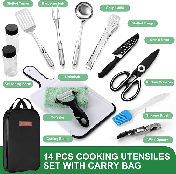 Odoland 14pcs Camping Cooking Utensils Set, Stainless Steel Outdoor Kitchen Cookware Kit, Portable Storage Bag for Knife, Fork, Spoon, Chopping Board, Chef's Knife, Camping, Grilling, Picnic and BBQ