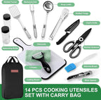 Odoland 14pcs Camping Cooking Utensils Set, Stainless Steel Outdoor Kitchen Cookware Kit, Portable Storage Bag for Knife, Fork, Spoon, Chopping Board, Chef's Knife, Camping, Grilling, Picnic and BBQ