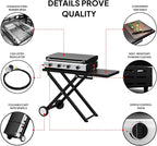Bonnlo Foldable Flat Top Grill with 4 Burner & Lid, Powerful 40,000 BTU Propane Gas Grills with Ignition, Enamel Griddle, Side Shelf & Portable Cart with Wheels for Outdoor Camping Hibachi Grill Use