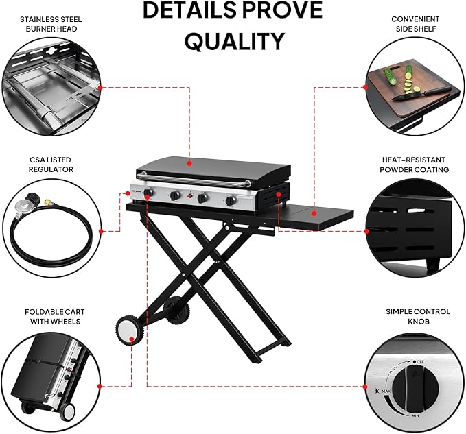 Bonnlo Foldable Flat Top Grill with 4 Burner & Lid, Powerful 40,000 BTU Propane Gas Grills with Ignition, Enamel Griddle, Side Shelf & Portable Cart with Wheels for Outdoor Camping Hibachi Grill Use