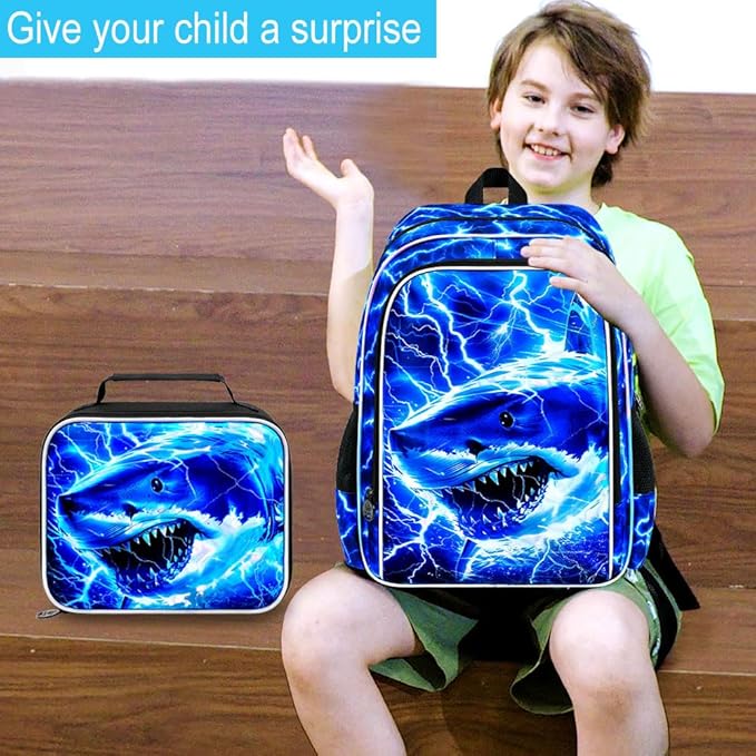 17" Shrak Backpack for Boy, 3Pcs Lightning Bookbag for Elementary Preschool Kindergarten, Kids School Thunder Backpacks with Lunch Box (Blue)