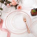 bUCLA 600PCS Clear Rose Gold Plastic Dinnerware Set Disposable - Include 100 Dinner Plates, 100 Dessert Plates, 100 Knives, 100 Forks, 100 Spoons, 100 Cups for Party, Wedding & Valentines Day