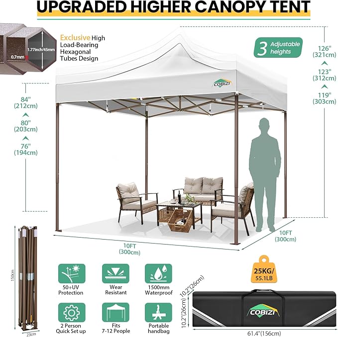 COBIZI 10x10 Pop Up Canopy Tent Heavy Duty with 4 Sidewalls, Commercial Easy Up Instant Canopy Outdoor for Events Party Wedding, All Weather Waterproof UV 50+ with Carry Bag (Leg Upgraded), White