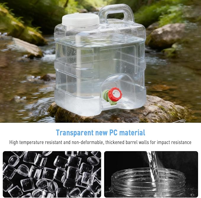 2.6 Gallon Water Jug, 10L Portable Water Container with Spigot, Cleaning Brush, Detachable Hose, BPA-Free Camping Hydration Canteen, Outdoor Tank Storage PC- Clear