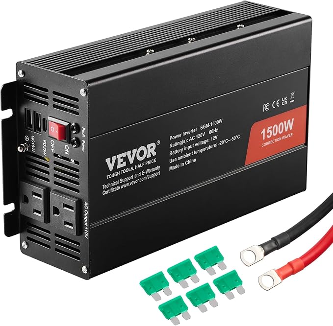 VEVOR Modified Sine Wave Inverter, 1500W, DC 12V to AC 120V Power Inverter with 2 AC Outlets 2 USB Port 1 Type-C Port 6 Spare Fuses, for Small Home Devices Like Smartphone Laptop, CE FCC Certified