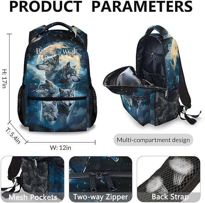 Kids School Backpacks, Cool Wolf Schoolbag, 3 Pcs Preschool Elementary Kindergarten Backpacks, 17 Inch Bookbags for Kids 2nd 3rd Grade, Animal Bookbag for School Travel Hiking Picnic