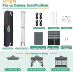 COBIZI 10x10 Canopy Tent, Heavy Duty Pop up Canopy with Sidewalls, Waterproof Easy Setup Tent with Mosquito Netting, Outdoor Instant Screen Tents for Parties, Wedding, Backyard with Carry Bag, Gray