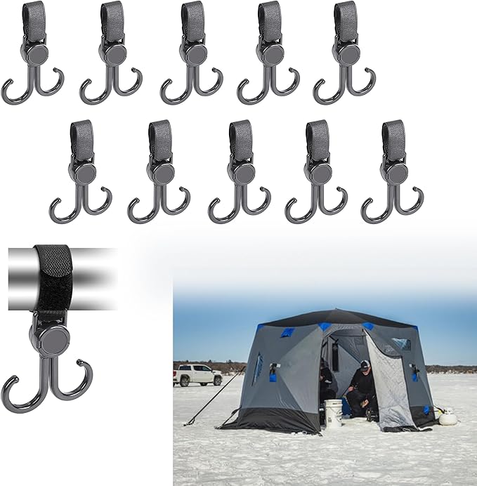 10Pack(20pcs Hook) Ice Fishing Shelter Coat Hooks, Ice Fishing Shelter Accessories 360° Rotating Plastic Hook for Ice Shack, Ice House & Outdoor Hunting Tent