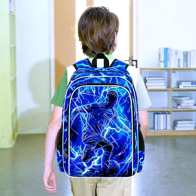 3Pcs Soccer Backpack for Boy, 17" Lightning Bookbag for Elementary Preschool Kindergarten, Kids School Thunder Backpacks with Lunch Box (Blue)