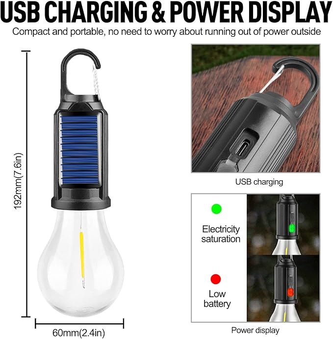 Solar Tent Camping Light Bulb Rechargeable Portable LED Camping Lantern3 Lighting Modes Tungsten Light Tent Lamp with Clip Hook for Camping, Hiking, Backpacking, Emergency Outage (T02)