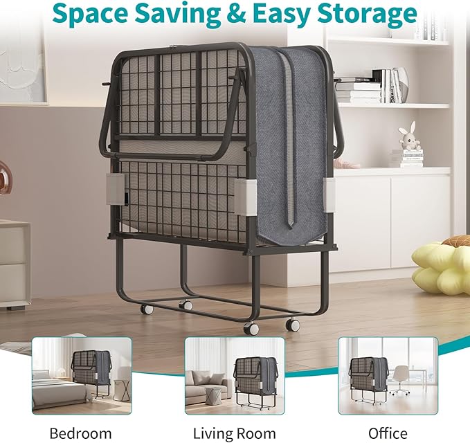 BALUS Rollaway Bed with Mattress for Adults, 75"x 31" Folding Bed with Lockable Casters, Foldable Cot Beds for Guest, Portable Small Bed with Easy Storage Sturdy Metal Frame for Bedroom(Standard)