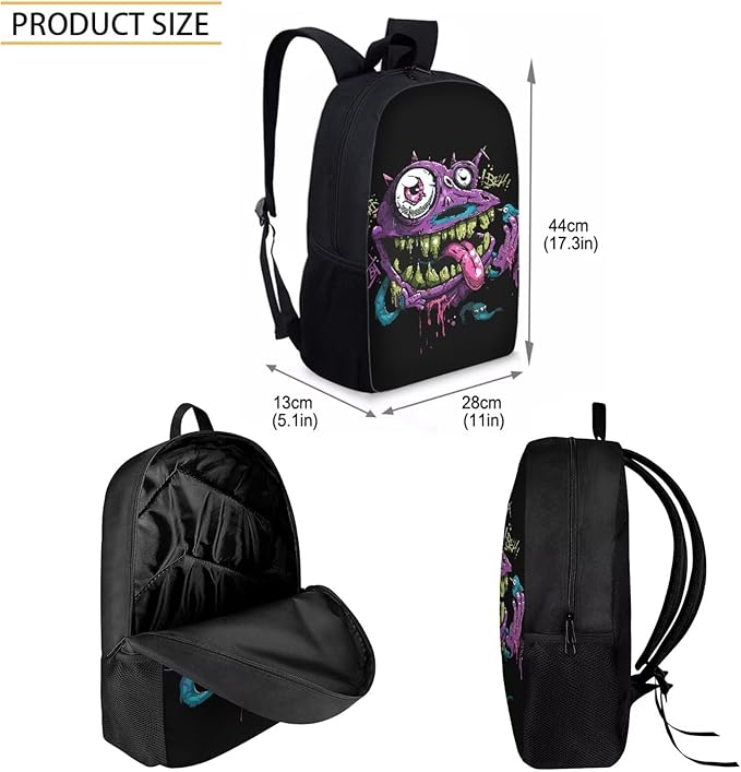 3 In 1 Funny Purple Monster Backpack for School Boys Lightweight Boys Bookbag Age 8-10 17 Inch Large Capacity Teens School Bag and Lunch Kit for Back to School Travel Hiking Rucksack