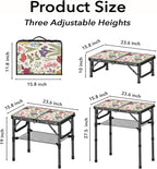 Small Camping Table, Vintage French Flowers Pattern Folding Table, Adjustable Height, Lightweight & Portable Outdoor Picnic Table with Carry Handle for Patio, Living Room, Travel