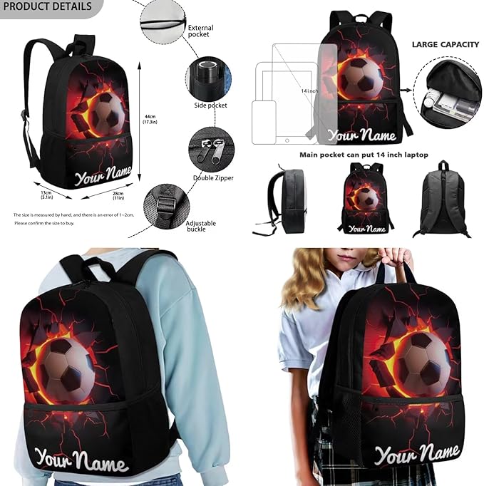 Rnyleeg Personalized Soccer Backpack for Boys Cool Kids Bookbag with Lunchbox Custom Your Name School Bag Set 3 Pcs for Primary School Casual Hiking Packsack