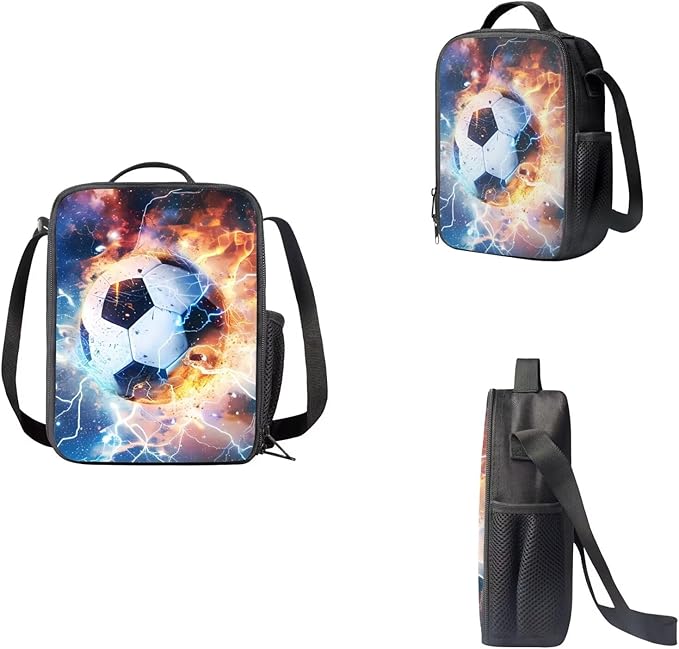 3 Set Cool Football School Bags with Lunch Box and Large Capacity Pencil Holder Set, Book Bag for Kindergarten Elementary Boys Camping Activities Outdoor
