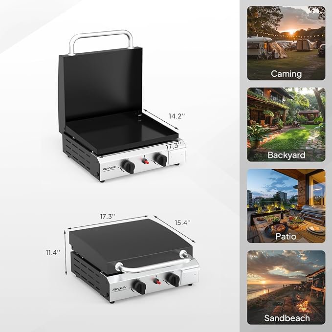 ROVSUN 2 Burner Portable Propane Griddle with Electronic Ignition & Regulator, 20,000 BTU Tabletop Flat Top Gas Grill with Enameled Tray & Lid for Outdoor Cooking Camping BBQ Tailgating Picnicking