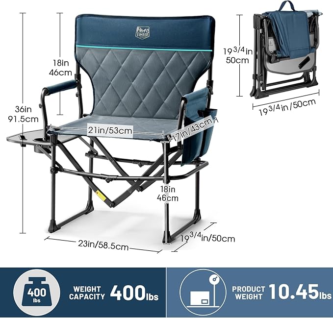 TIMBER RIDGE 2 Pack Camping Directors Chairs with Side Table Pockets, Portable Folding Heavy Duty Lawn Chair for Outdoor Fishing Trip Picnic Concert 400lbs, Blue