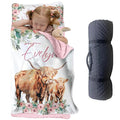 Custom Toddler Nap Mat for Preschool, Personalized Name Kids Sleeping Bag with Highland Cow Pattern for Daycare, Roll Up Sleeping Mat with Removable Pillow and Soft Dot Minky Blanke for Girls Camping