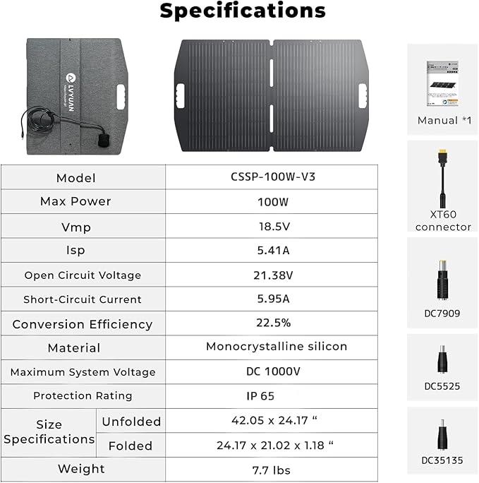 LVYUAN 100W Solar Panel 12V Foldable ETFE Conversion Rate 22.5% Monocrystalline IP65 Waterproof Compatible with XT60 DC5525 DC7909 DC35135 Fast Charging Foldable with Stand High Efficiency