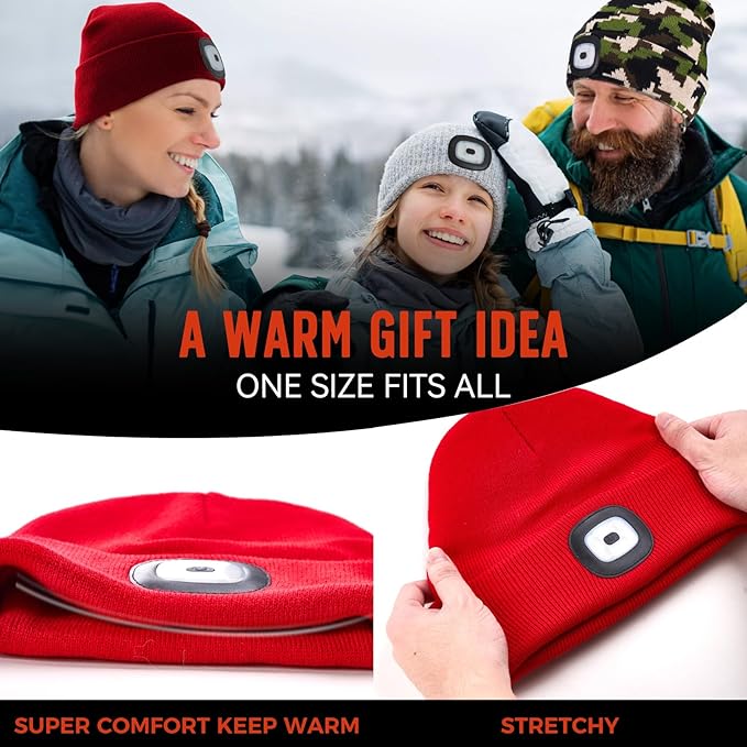 Unisex Beanie Hat with Light, Rechargeable Headlamps Cap, Gifts for Men, Hiking, Camping headlamps, Cool Gadget Birthday Gifts for Men, Women, Dad, Father, Boyfriend, Red