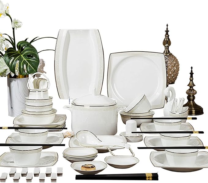 Milky White Porcelain Tableware Set Home Simplicity Combination Tableware Set of Bowls Dessert Plates Soup Plates Dinner Plates 70 Piece Set