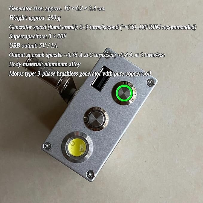 Portable Hand-Crank Generator with LED USB Light, 5V/1A Output Aluminum Body Emergency Charger for Camping, Hiking & Power Outages(1pc)
