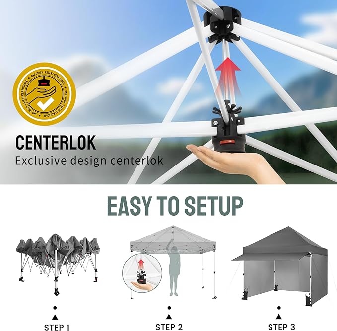 CROWN SHADES 10x10 Pop Up Canopy Tent with 4 Sidewalls, Instant Commercial Tent with 1-Person Setup Patended Centerlock, Extend Awning, 4 Sidewalls, 4" Wheels, Sto'N Go Bag, Grey