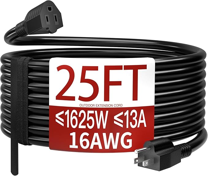 16/3 25 FT Outdoor Extension Cord Waterproof, Weatherproof & Flame Retardant Black 3 Prong Power Cord Outside for Lawn & Garden, 13 Amps 1625 Watts 125 VAC 16AWG SJTW, ETL Listed