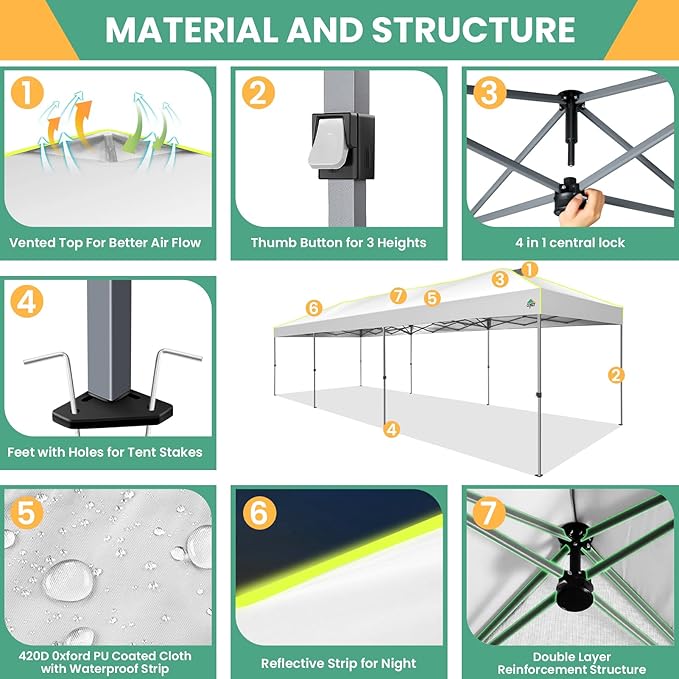 COBIZI 10x30 Pop Up Canopy Tent, Wedding Party Tent with 8 Sidewall One Push Setup Glow, 3 Adjustable Height Air Vent Waterproof UPF50+, Wheeled Bag, Sandbag, Stake, Rope for Commercial, Outdoor