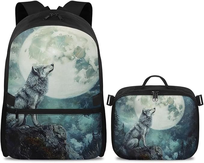 Wolf Backpack with Lunch Box for Men Large Capacity Bookbag for Teen Boys 17 Inches Polyester Book Bag with Adjustable Shoulder Strap for Outdoor
