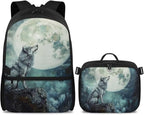 Wolf Backpack with Lunch Box for Men Large Capacity Bookbag for Teen Boys 17 Inches Polyester Book Bag with Adjustable Shoulder Strap for Outdoor