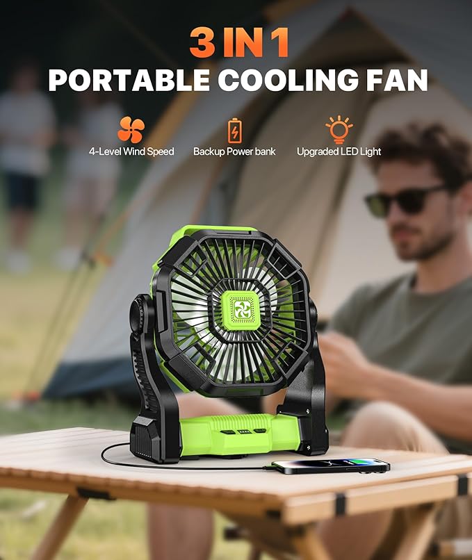 Battery Powered Fan -Lash Fans with Led Lantern, Portable Rechargeable, Battery Operated for Mobile Phone, Hook 4 Speed Quiet Personal for Desk Fan, Travel, Fishing, Power Outage, Hurricane-Green