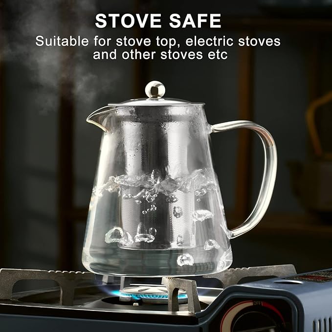 PARACITY Glass Teapot Stovetop 18.6 OZ, Borosilicate Clear Tea Kettle with Removable 18/8 Stainless Steel Infuser, Teapot Blooming and Loose Leaf Tea Maker Tea Brewer for Camping, Travel (550ML)