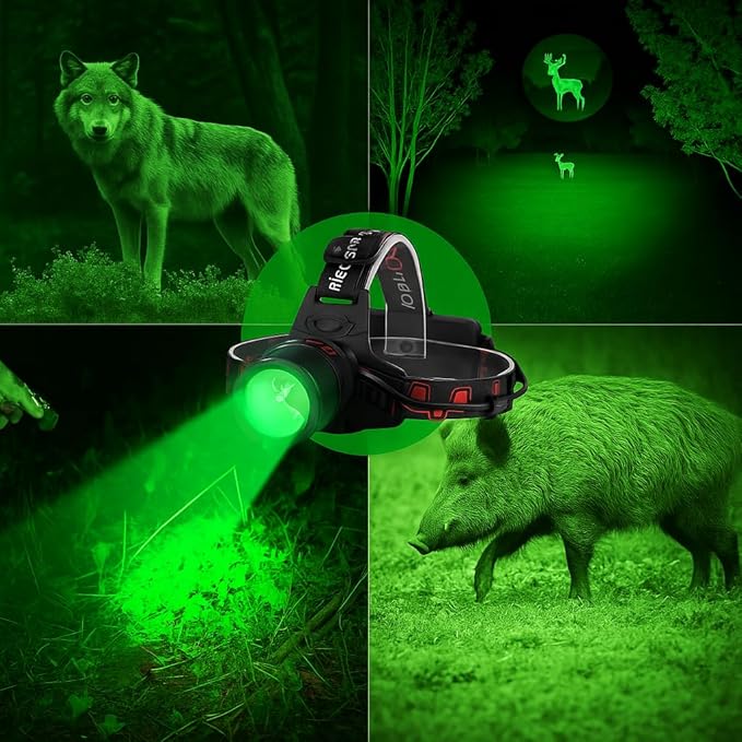 GRACETOP Green LED Headlamp Rechargeable, Zoomable Headlamp with 3 Modes, Hands-Free IPX4 Waterproof for Hunting, Hiking, Camping & Fishing