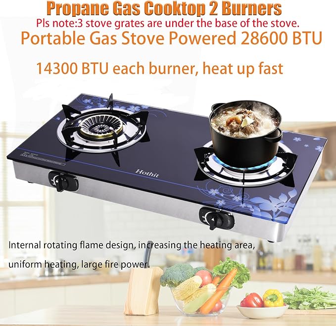 Hothit Gas Cooktop 2 Burner Outdoor Propane Stove, 28600 BTU, Portable Auto Ignition LPG Tempered Glass for camping, Courtyard Barbecue, RV Travel