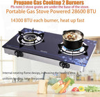 Hothit Gas Cooktop 2 Burner Outdoor Propane Stove, 28600 BTU, Portable Auto Ignition LPG Tempered Glass for camping, Courtyard Barbecue, RV Travel