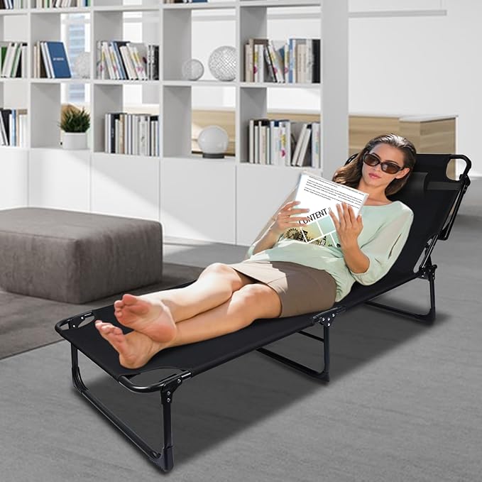 Talent Star Folding Lounge Chair with Mattress and Pillow Indoor Outdoor, 4 Position Adjustable Toffee Sleeping Bed Cot Chaise for Sunbathing Tanning Poolside Office Camping Lawn Pool Beach Patio 75cm