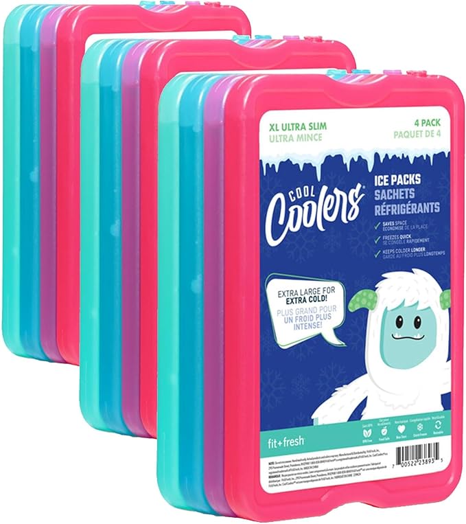 Cool Coolers by Fit&Fresh,Reusable&Long-Lasting XL Slim Ice Packs,Cold Packs - Cooler,Freezer-Packs for Lunch Boxes Cooler Accessories-for Lunch,Camping,Beach,and Work,Multicolored,8 Count(Pack of 3)