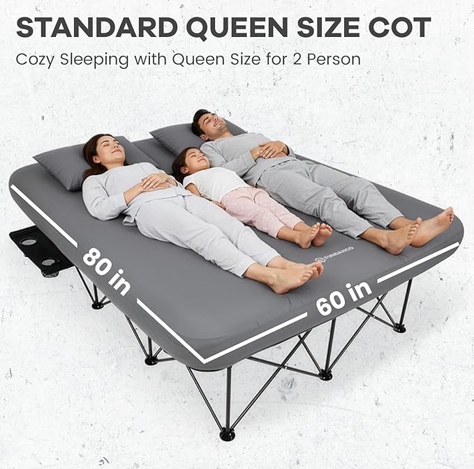 FUNDANGO Queen Camping Cot with Electric Pump, 2 Person Air Mattress with Frame, Double Camping Cot Bed with 2 Cup Holders & Removable Cover for Camp, Home Guest, Carry Bag Included (Grey)