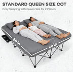 FUNDANGO Queen Camping Cot with Electric Pump, 2 Person Air Mattress with Frame, Double Camping Cot Bed with 2 Cup Holders & Removable Cover for Camp, Home Guest, Carry Bag Included (Grey)