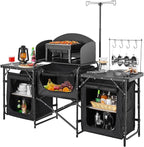 VEVOR Camping Kitchen Table, Outdoor Camp Cooking Table, Aluminum Portable Cook Station with 3 Storage Cupboard, Carrying Bag, Detachable Windscreen, Quick Set-up for BBQ Party Picnic RV Travel, Black