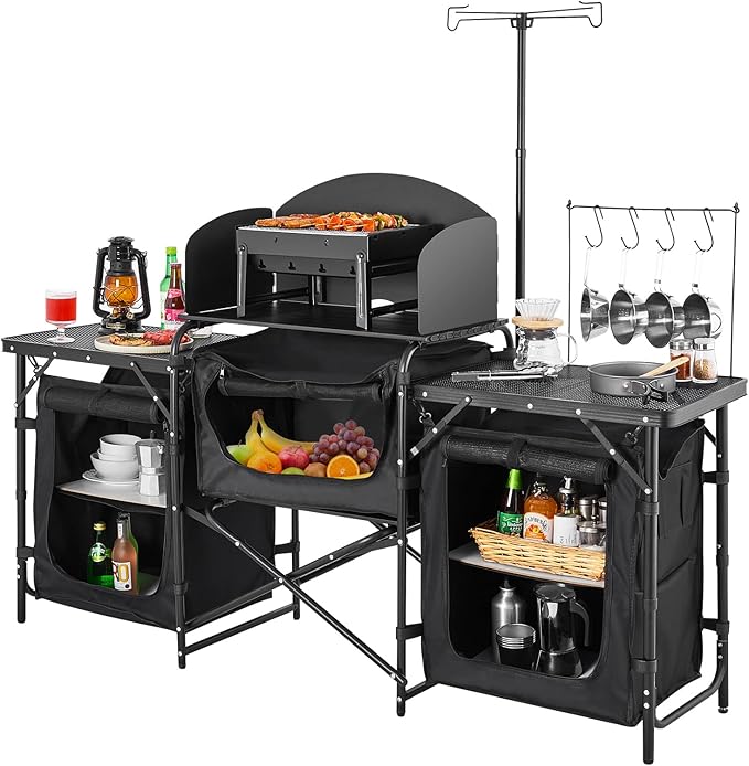 VEVOR Camping Kitchen Table, Outdoor Camp Cooking Table, Aluminum Portable Cook Station with 3 Storage Cupboard, Carrying Bag, Detachable Windscreen, Quick Set-up for BBQ Party Picnic RV Travel, Black