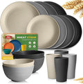 Teivio 16-Piece Kitchen Plastic Wheat Straw Dinnerware Set, Service for 4, Dinner Plates, Dessert Plate, Cereal Bowls, Cups, Unbreakable Plastic Outdoor Camping Dishes,Gray Stone
